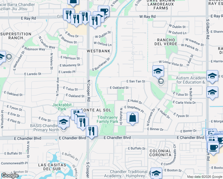 map of restaurants, bars, coffee shops, grocery stores, and more near 2145 East Oakland Street in Chandler