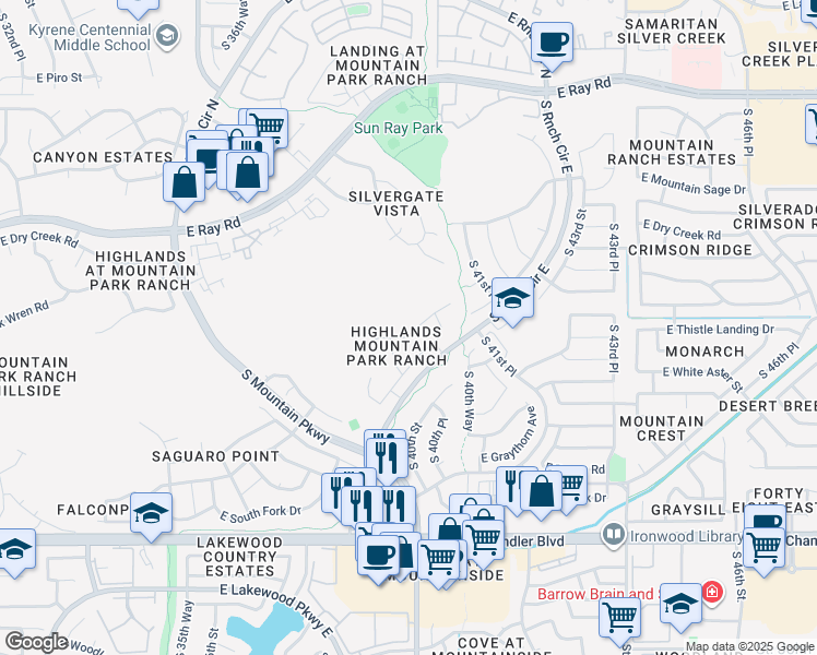 map of restaurants, bars, coffee shops, grocery stores, and more near 4038 East Thistle Landing Drive in Phoenix