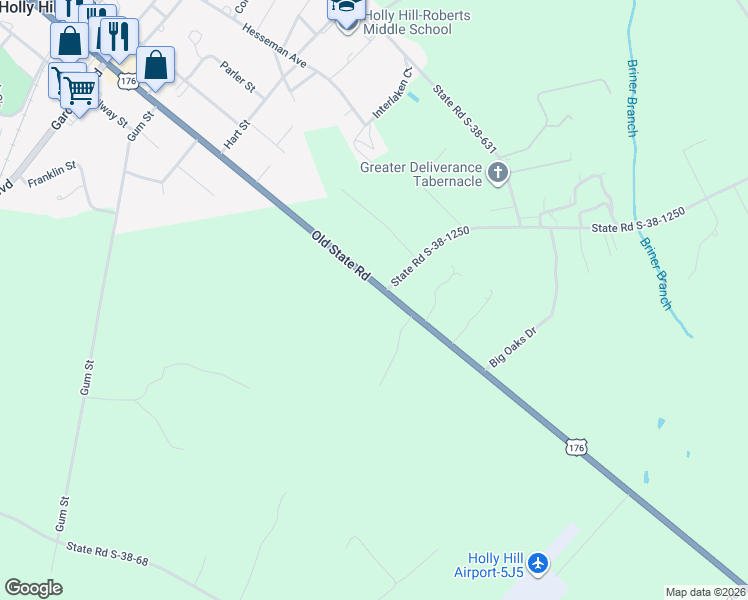 map of restaurants, bars, coffee shops, grocery stores, and more near 9014 Old State Road in Holly Hill