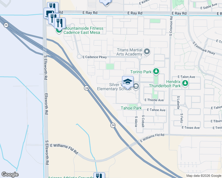 map of restaurants, bars, coffee shops, grocery stores, and more near 9635 East Thunderbolt Avenue in Mesa