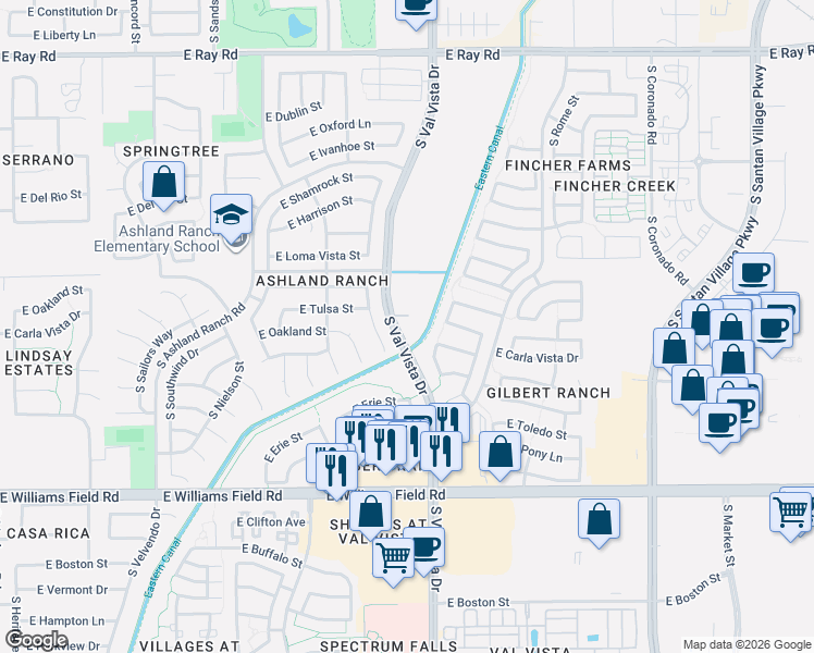map of restaurants, bars, coffee shops, grocery stores, and more near 2125 South Val Vista Drive in Gilbert