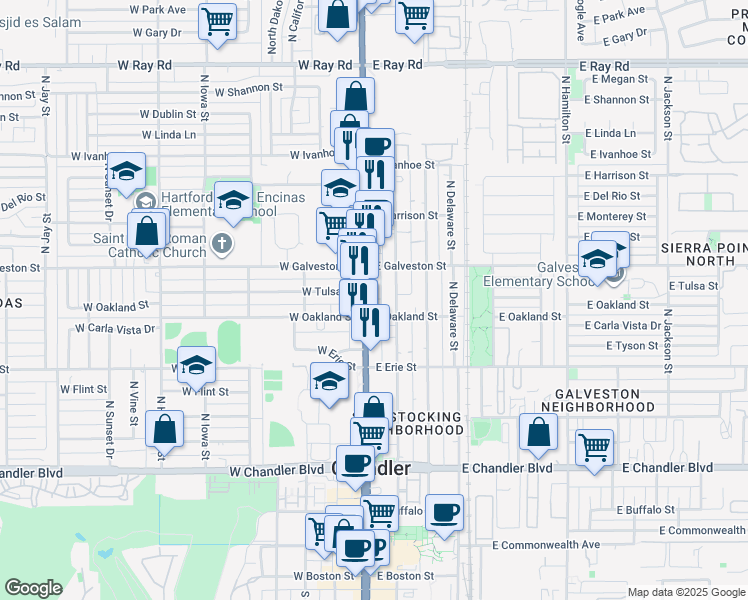 map of restaurants, bars, coffee shops, grocery stores, and more near 518 Arizona 87 in Chandler