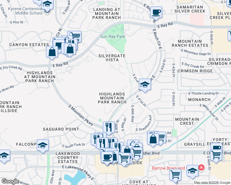 map of restaurants, bars, coffee shops, grocery stores, and more near 4038 East Thistle Landing Drive in Phoenix
