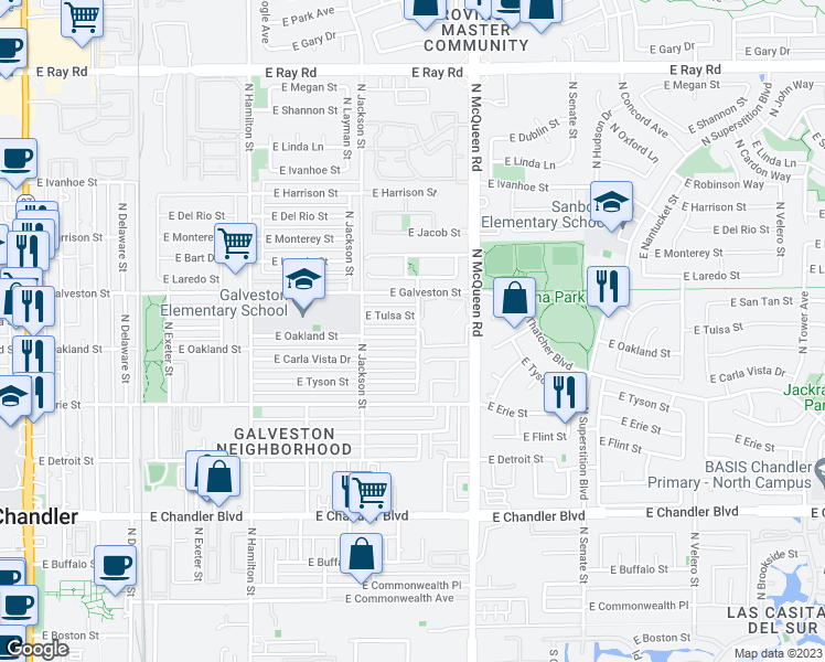 map of restaurants, bars, coffee shops, grocery stores, and more near 898 East Oakland Street in Chandler