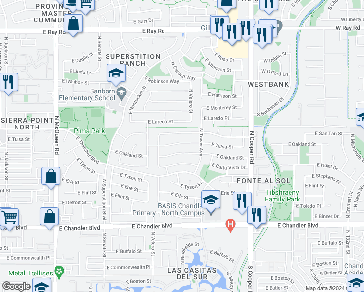 map of restaurants, bars, coffee shops, grocery stores, and more near 1622 East Oakland Street in Chandler