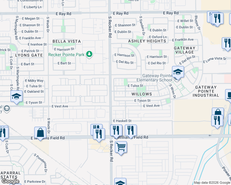map of restaurants, bars, coffee shops, grocery stores, and more near 4027 East Oakland Street in Gilbert