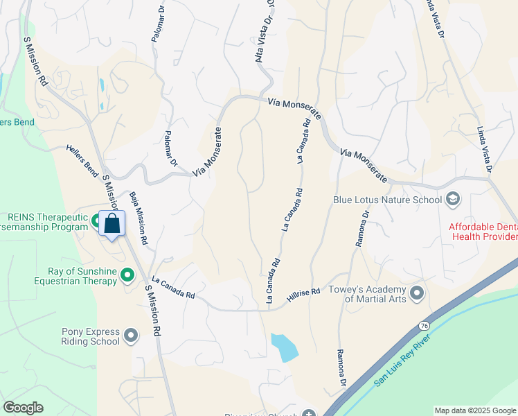 map of restaurants, bars, coffee shops, grocery stores, and more near 4216 Bridlewood Road in Fallbrook