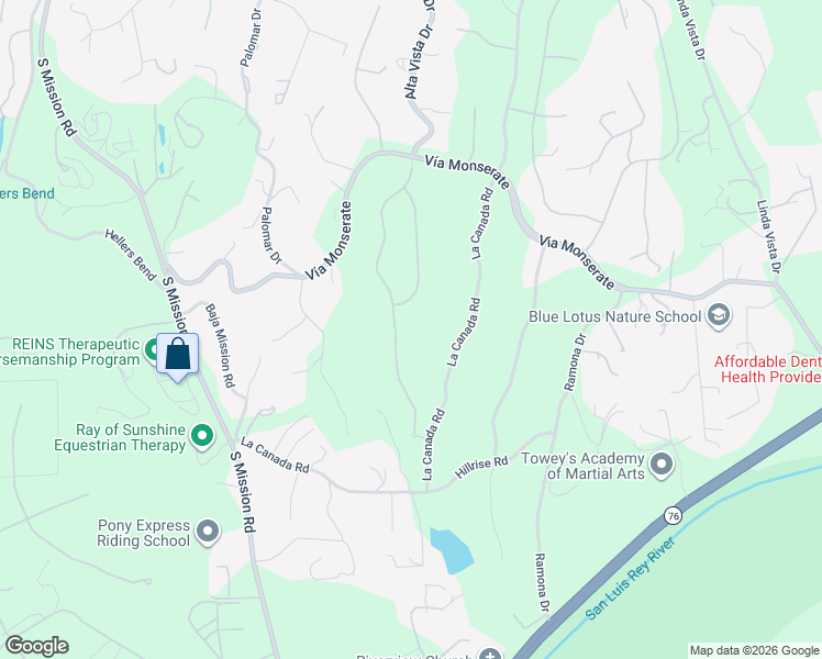 map of restaurants, bars, coffee shops, grocery stores, and more near 4216 Bridlewood Road in Fallbrook