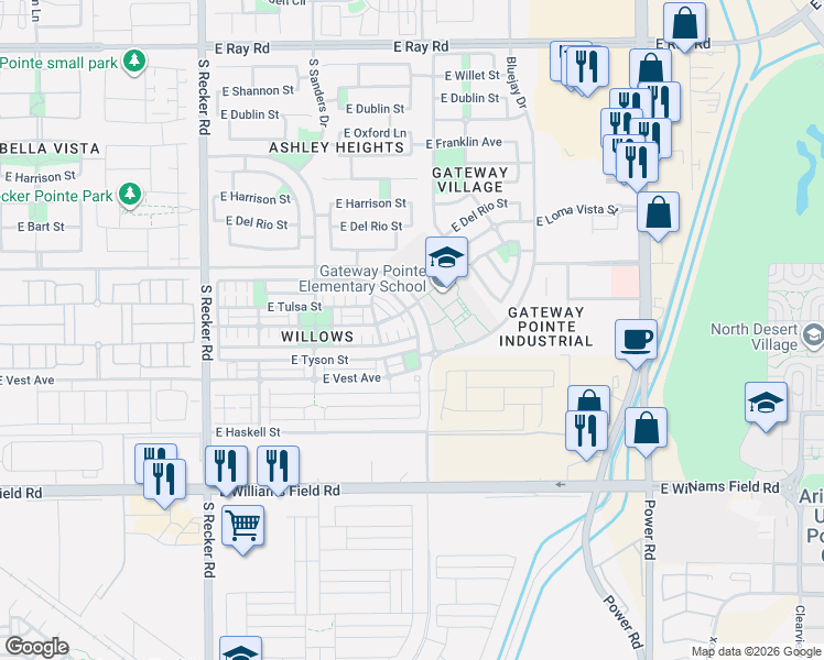 map of restaurants, bars, coffee shops, grocery stores, and more near 4360 East Carla Vista Drive in Gilbert