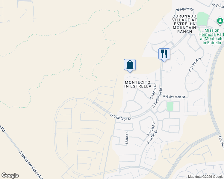 map of restaurants, bars, coffee shops, grocery stores, and more near 18505 West Chuckwalla Canyon Road in Goodyear