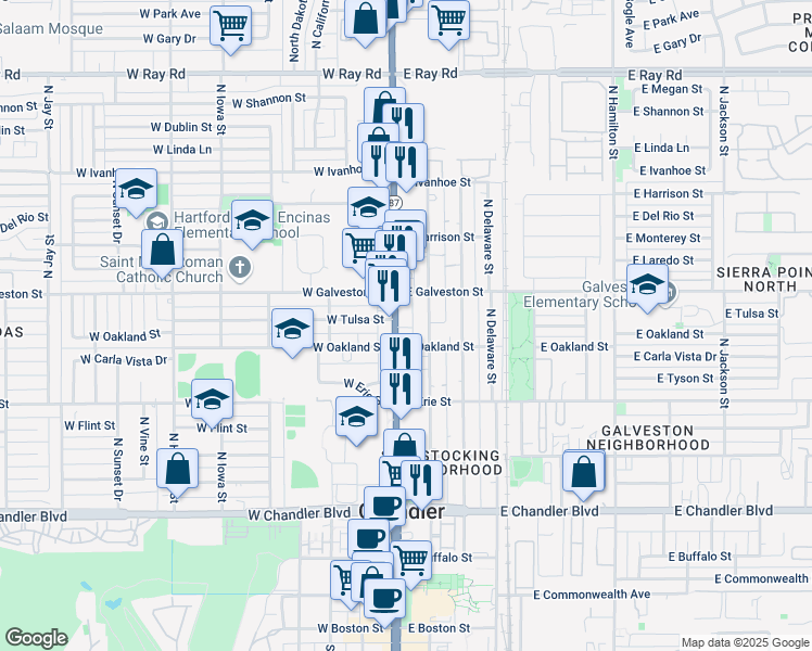 map of restaurants, bars, coffee shops, grocery stores, and more near 518 Arizona 87 in Chandler