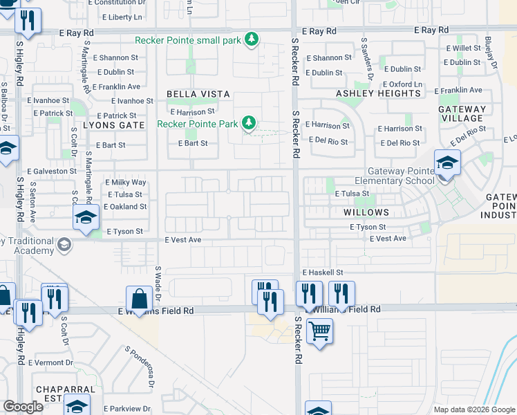 map of restaurants, bars, coffee shops, grocery stores, and more near 3880 East Perkinsville Street in Gilbert