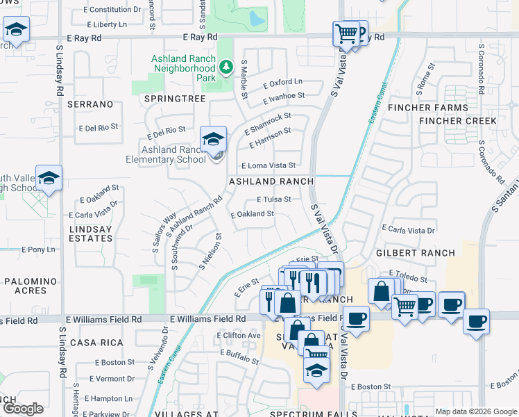 map of restaurants, bars, coffee shops, grocery stores, and more near 1431 East Oakland Street in Gilbert