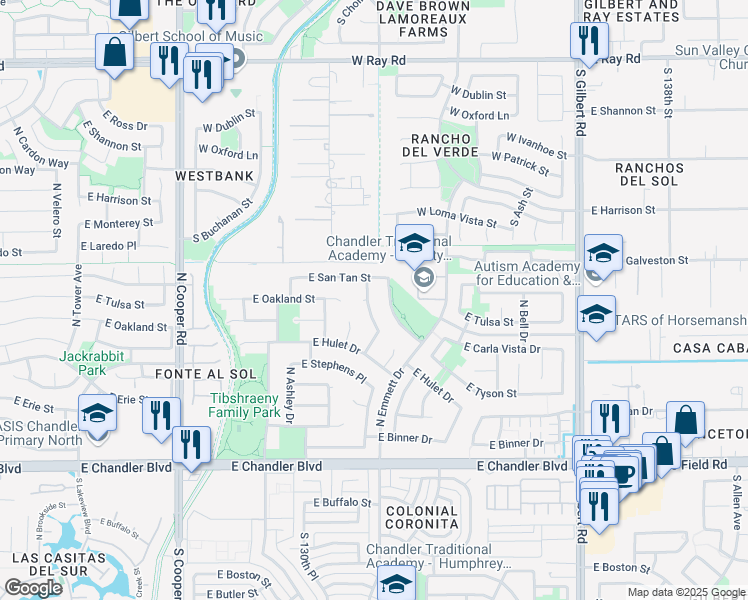 map of restaurants, bars, coffee shops, grocery stores, and more near 520 North Mammoth Way in Chandler