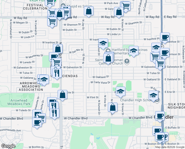 map of restaurants, bars, coffee shops, grocery stores, and more near 748 West Oakland Street in Chandler