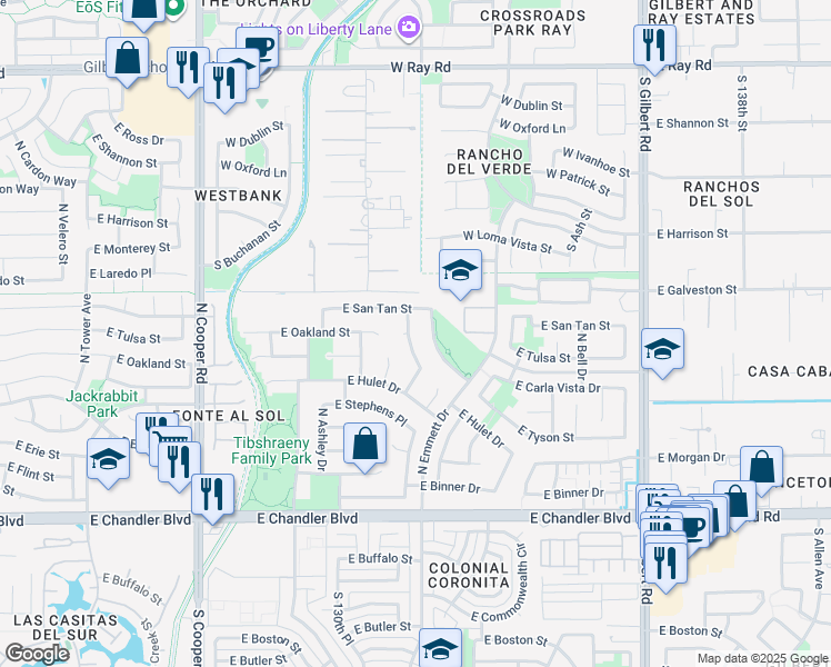 map of restaurants, bars, coffee shops, grocery stores, and more near 520 North Mammoth Way in Chandler