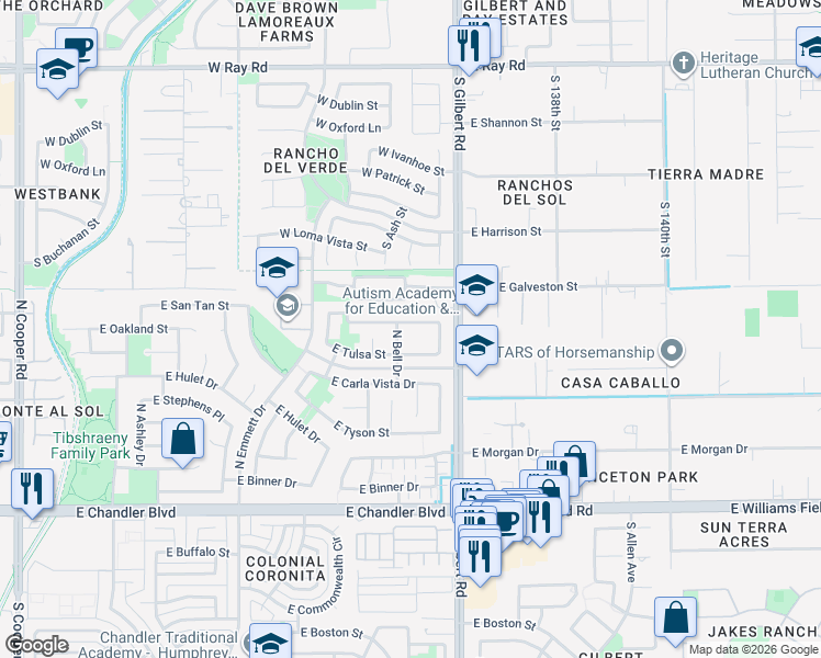 map of restaurants, bars, coffee shops, grocery stores, and more near 2891 East San Tan Street in Chandler