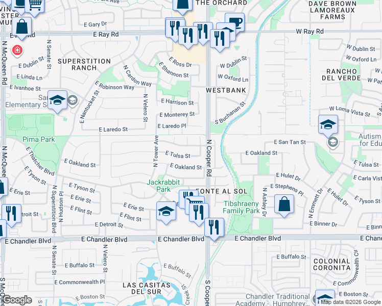 map of restaurants, bars, coffee shops, grocery stores, and more near 1900 East Tulsa Street in Chandler