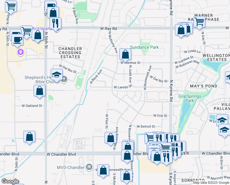 map of restaurants, bars, coffee shops, grocery stores, and more near 500 North Roosevelt Avenue in Chandler