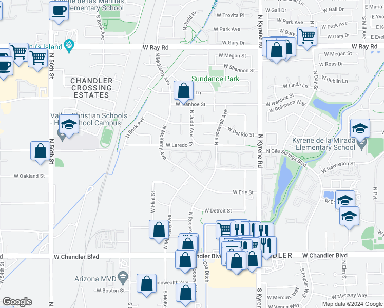 map of restaurants, bars, coffee shops, grocery stores, and more near 500 North Roosevelt Avenue in Chandler