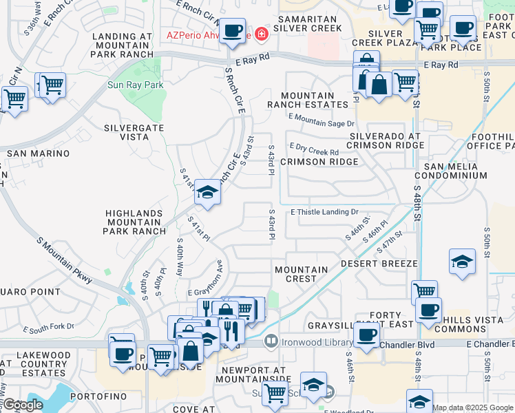 map of restaurants, bars, coffee shops, grocery stores, and more near 4227 East Thistle Landing Drive in Phoenix