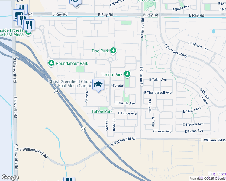 map of restaurants, bars, coffee shops, grocery stores, and more near Williams Field Road in Mesa