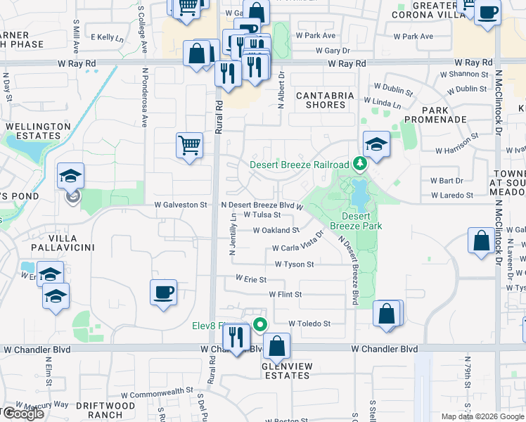 map of restaurants, bars, coffee shops, grocery stores, and more near 4789 West Tulsa Street in Chandler
