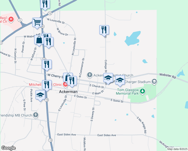 map of restaurants, bars, coffee shops, grocery stores, and more near 143-213 East Cherry Street in Ackerman