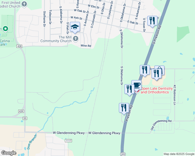 map of restaurants, bars, coffee shops, grocery stores, and more near 1055 South Oklahoma Drive in Celina