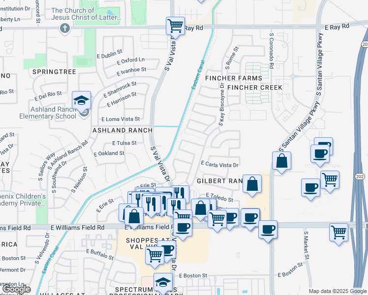 map of restaurants, bars, coffee shops, grocery stores, and more near 1644 East Oakland Street in Gilbert