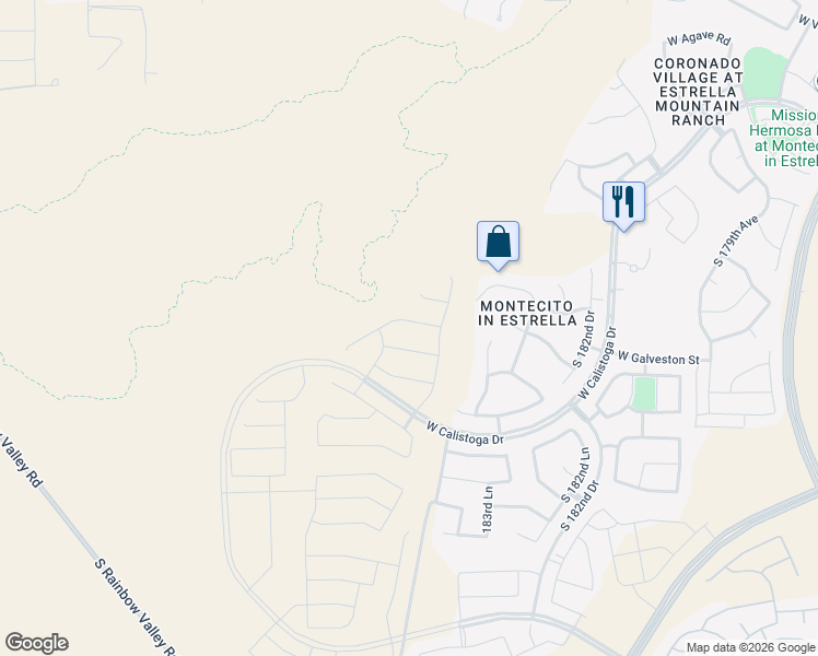map of restaurants, bars, coffee shops, grocery stores, and more near 18556 West Galveston Street in Goodyear