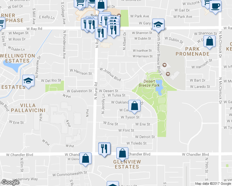 map of restaurants, bars, coffee shops, grocery stores, and more near 4789 West Tulsa Street in Chandler