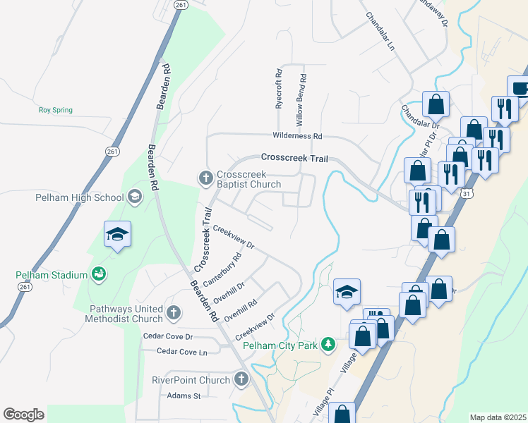 map of restaurants, bars, coffee shops, grocery stores, and more near 800 Valleyview Road in Pelham