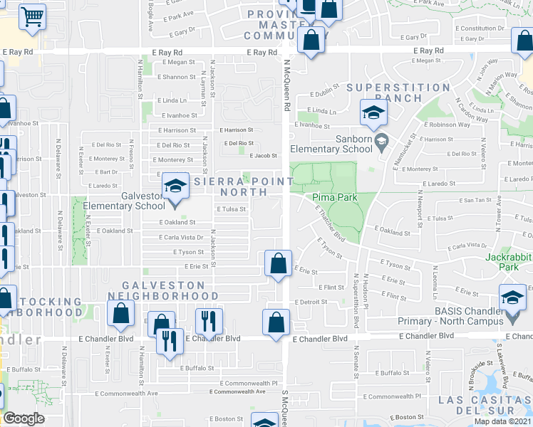 map of restaurants, bars, coffee shops, grocery stores, and more near 598 North McQueen Road in Chandler