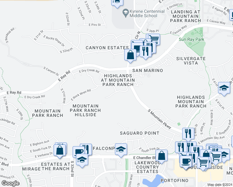 map of restaurants, bars, coffee shops, grocery stores, and more near 3501 East Rockledge Road in Phoenix