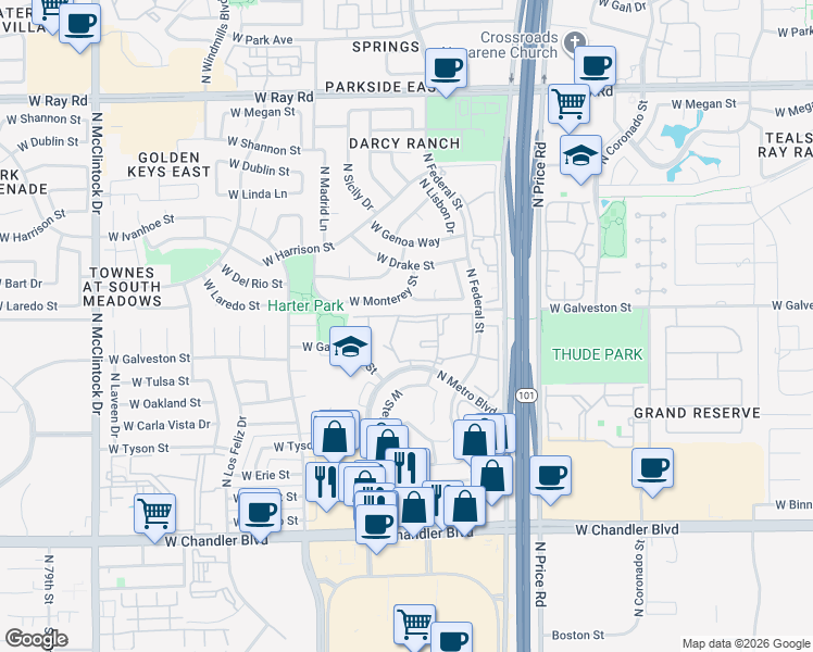 map of restaurants, bars, coffee shops, grocery stores, and more near 500 North Metro Boulevard in Chandler
