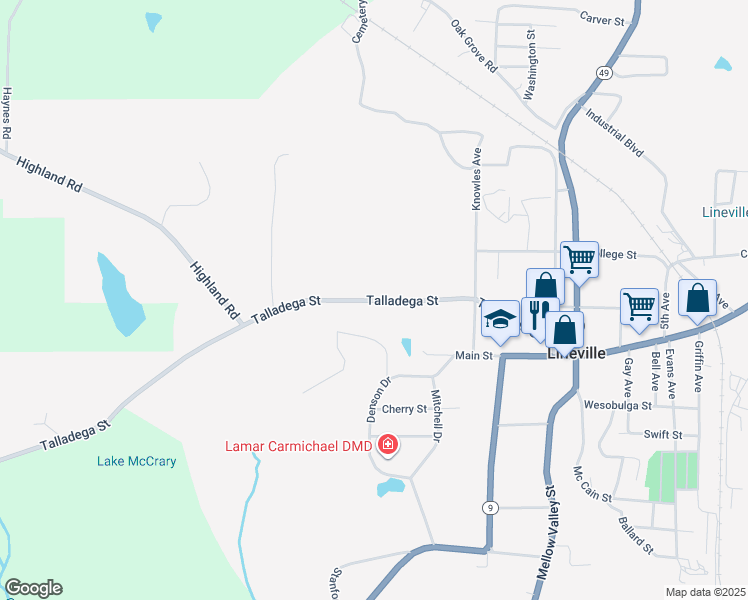 map of restaurants, bars, coffee shops, grocery stores, and more near 507 Talladega Street in Lineville
