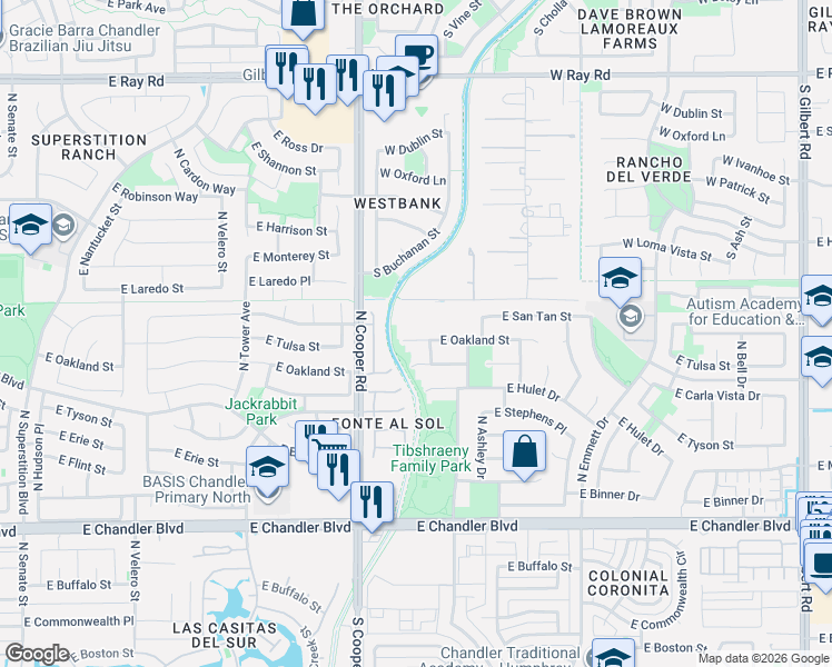 map of restaurants, bars, coffee shops, grocery stores, and more near 2094 East Oakland Street in Chandler