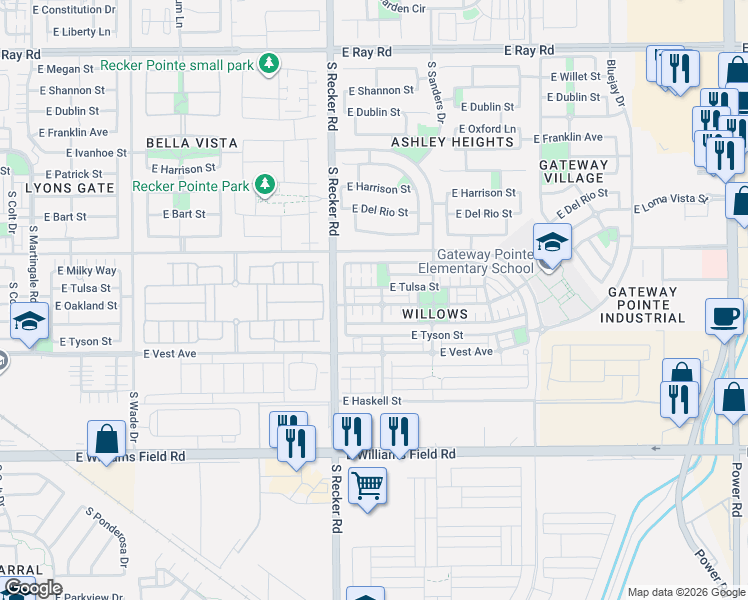 map of restaurants, bars, coffee shops, grocery stores, and more near 4079 East Oakland Street in Gilbert