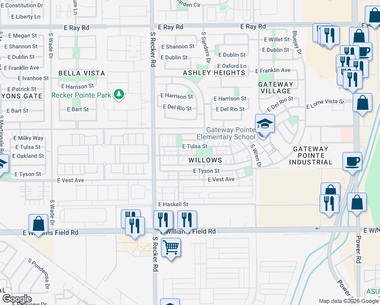 map of restaurants, bars, coffee shops, grocery stores, and more near 4151 East Oakland Street in Gilbert