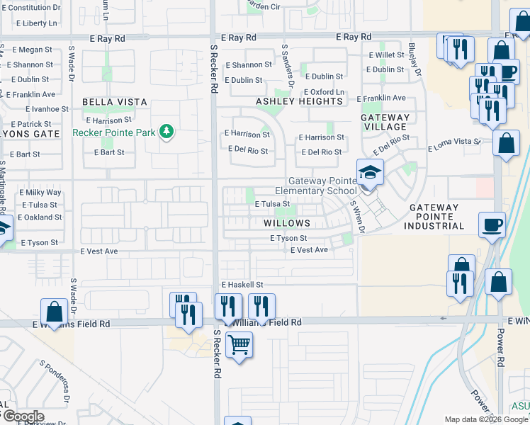 map of restaurants, bars, coffee shops, grocery stores, and more near 4151 East Oakland Street in Gilbert