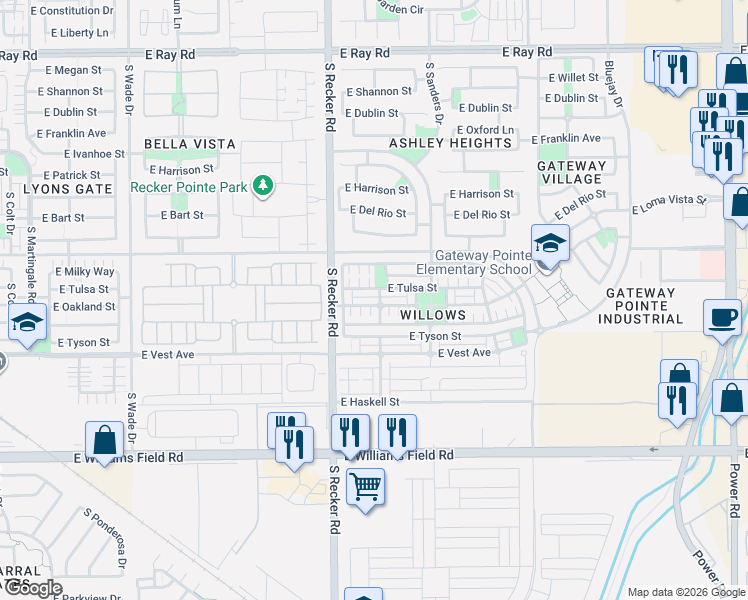 map of restaurants, bars, coffee shops, grocery stores, and more near 4079 East Oakland Street in Gilbert