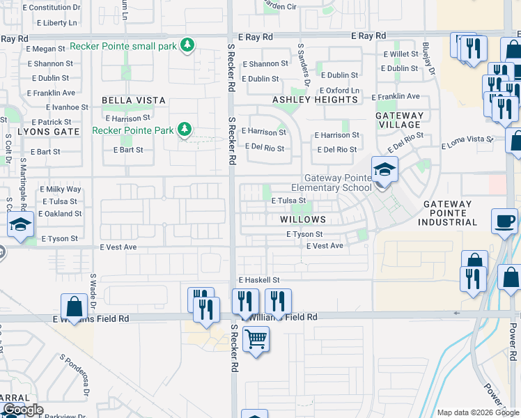 map of restaurants, bars, coffee shops, grocery stores, and more near 4079 East Oakland Street in Gilbert