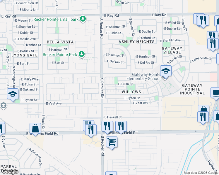 map of restaurants, bars, coffee shops, grocery stores, and more near 4031 South Olympic Drive in Gilbert