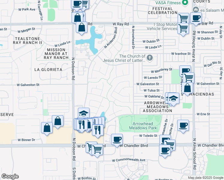 map of restaurants, bars, coffee shops, grocery stores, and more near 504 North Saguaro Street in Chandler
