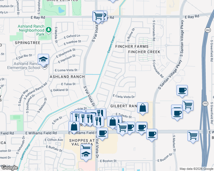 map of restaurants, bars, coffee shops, grocery stores, and more near 1653 East Oakland Street in Gilbert