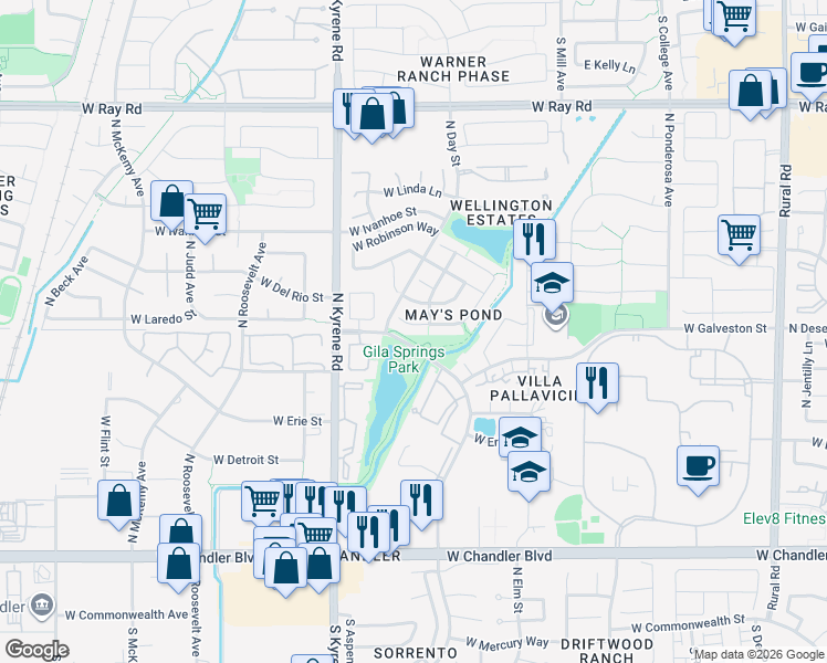 map of restaurants, bars, coffee shops, grocery stores, and more near 5735 West Del Rio Street in Chandler