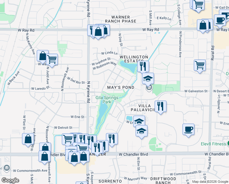 map of restaurants, bars, coffee shops, grocery stores, and more near 5735 West Del Rio Street in Chandler