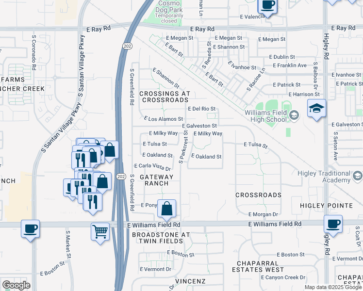 map of restaurants, bars, coffee shops, grocery stores, and more near 2063 South Penrose Drive in Gilbert