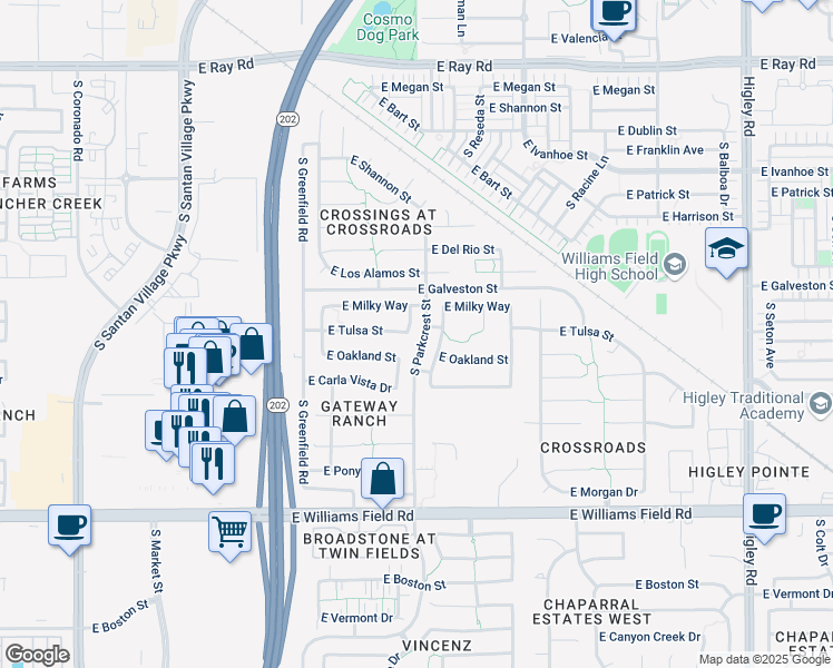 map of restaurants, bars, coffee shops, grocery stores, and more near 2063 South Penrose Drive in Gilbert